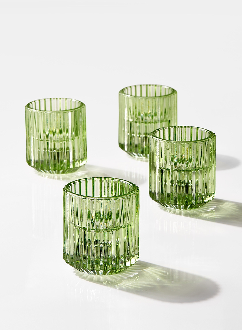 Green Pleated Glass Tea Light Holder, Set of 4