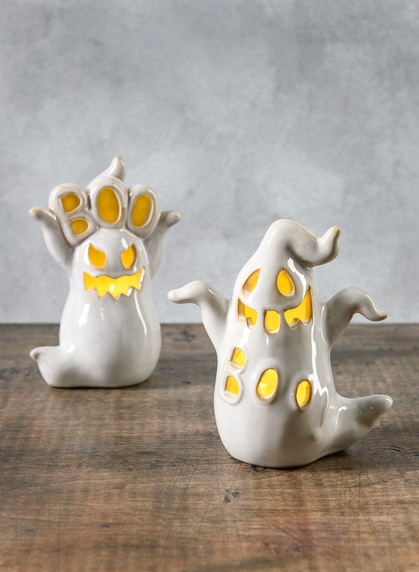 5 1/4in Spooky Porcelain Mini Ghost With LED Light, Set of 2