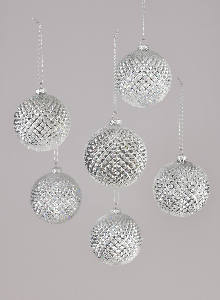 3in Silver Glitter Durian Ball Ornament, Set of 6