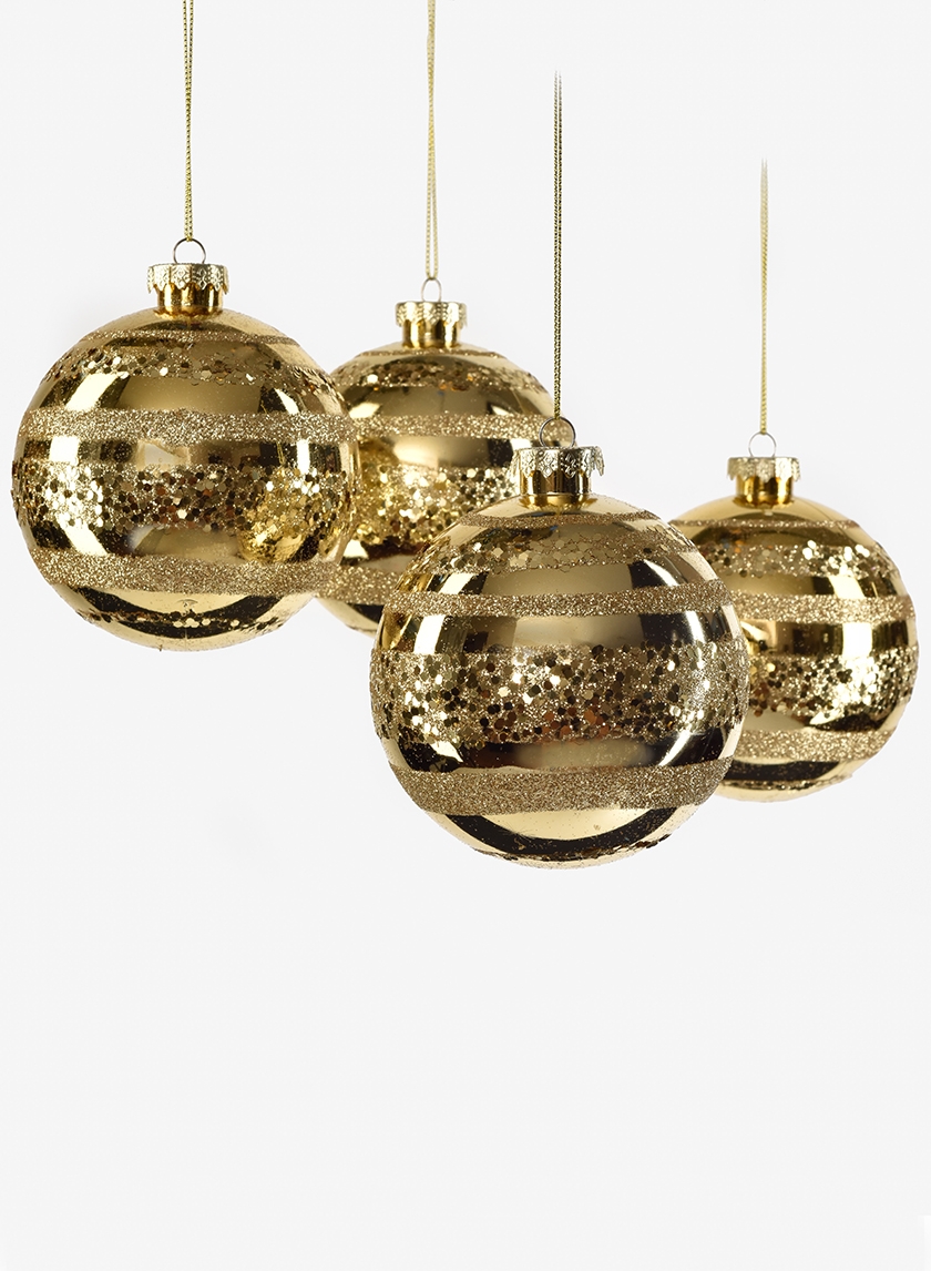 4in Shiny Gold With Glitter Stripes Ornament Ball, Set of 4