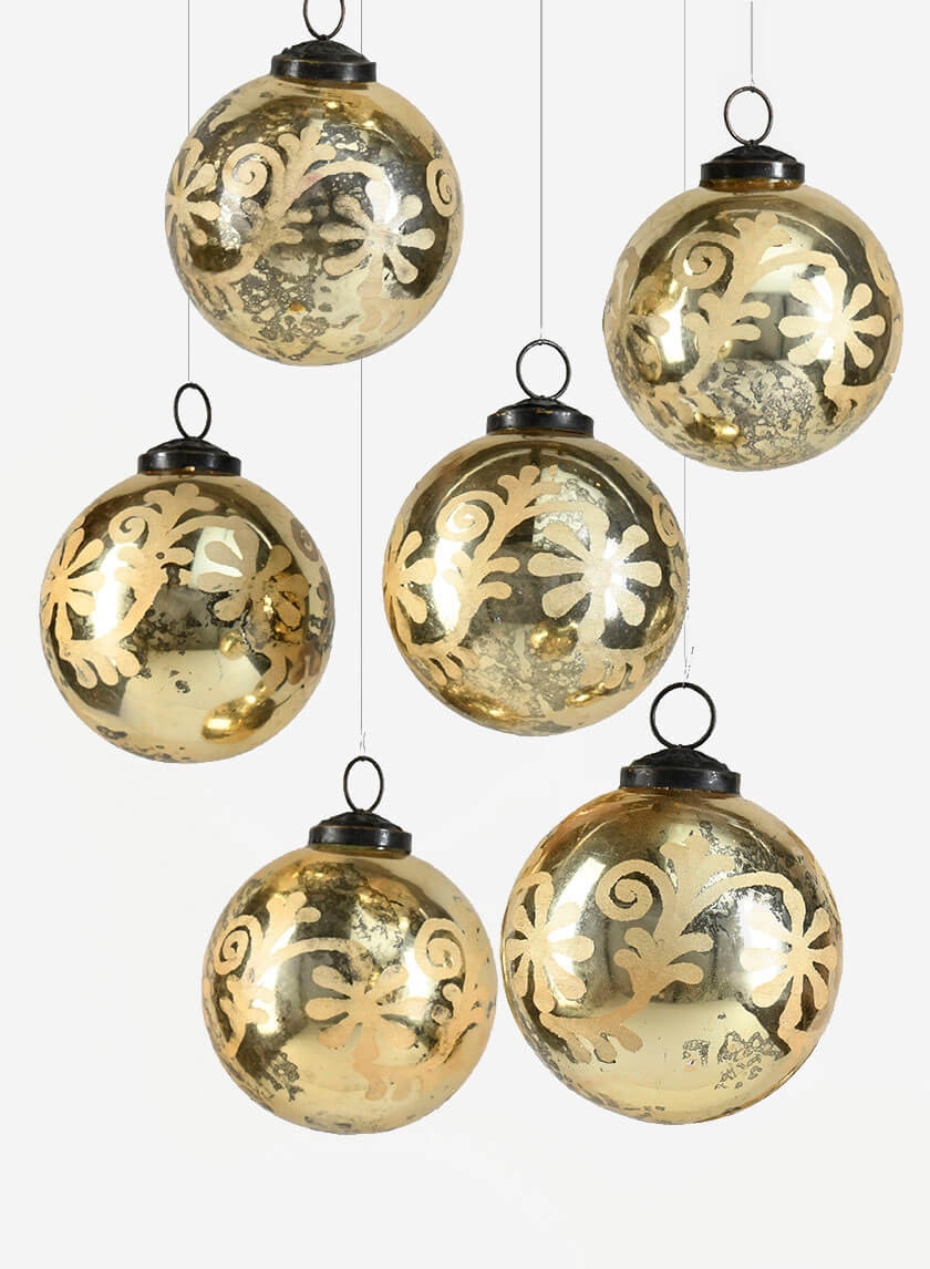 3in Etched Classic Ornament Ball, Set of 6