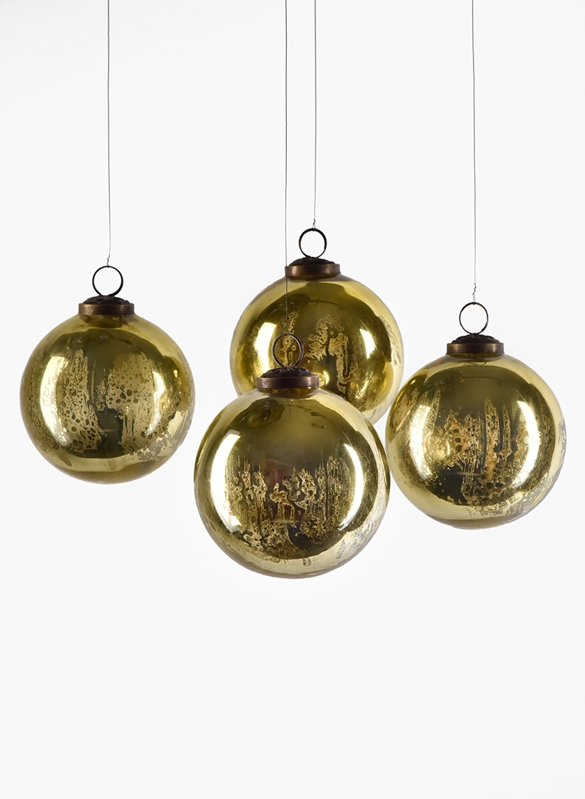 4in Antique Gold Glass Ornament Ball In Window Box, Set of 4