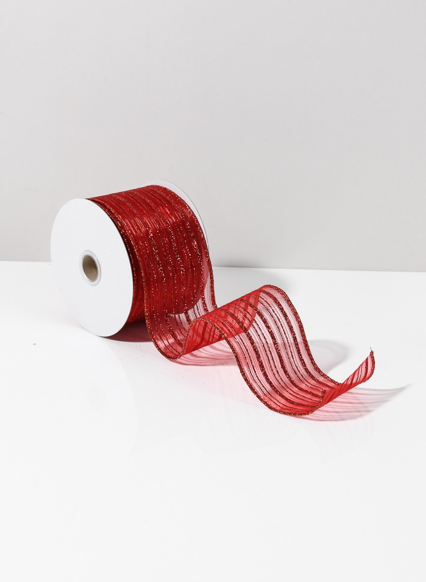 2 ½in x 10yds Roll Ribbon -Sheer W/ Red Glitter Stripe
