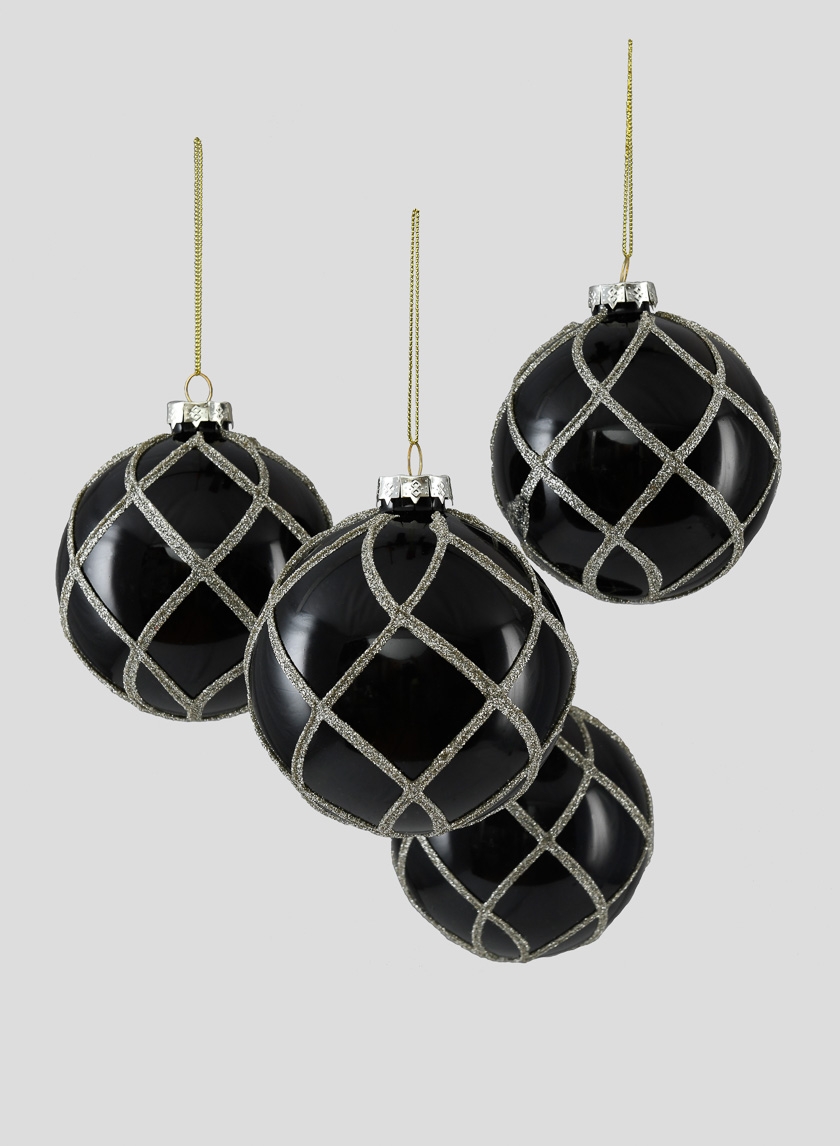 4in Glitter Swirl Shiny Black Glass Ornament Ball, Set of 4