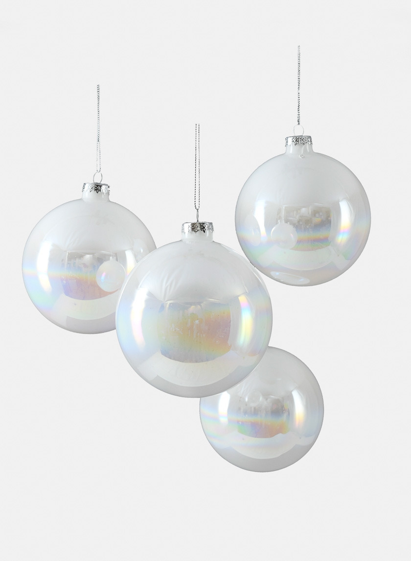 4in Iridescent White Glass Ball Ornament, Set of 4