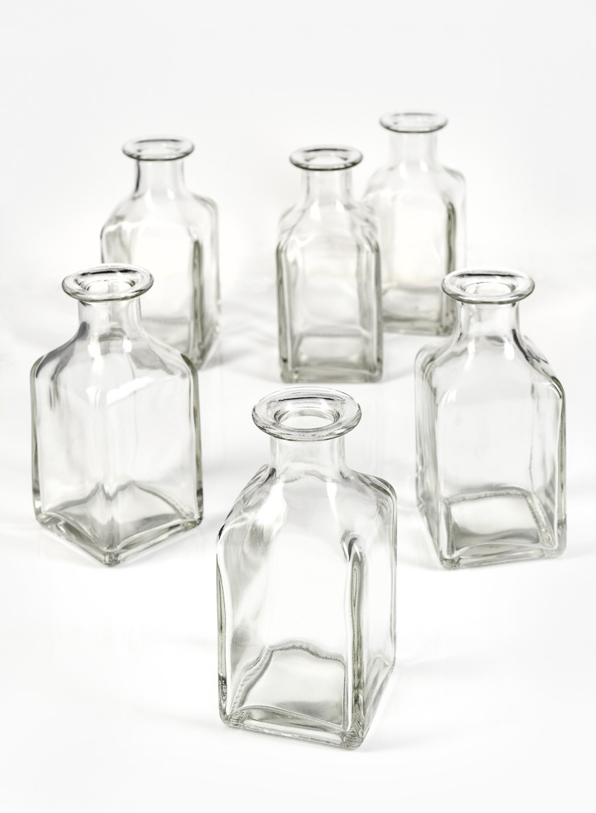 Clear Glass Square Bottle Bud Vase, Set of 6