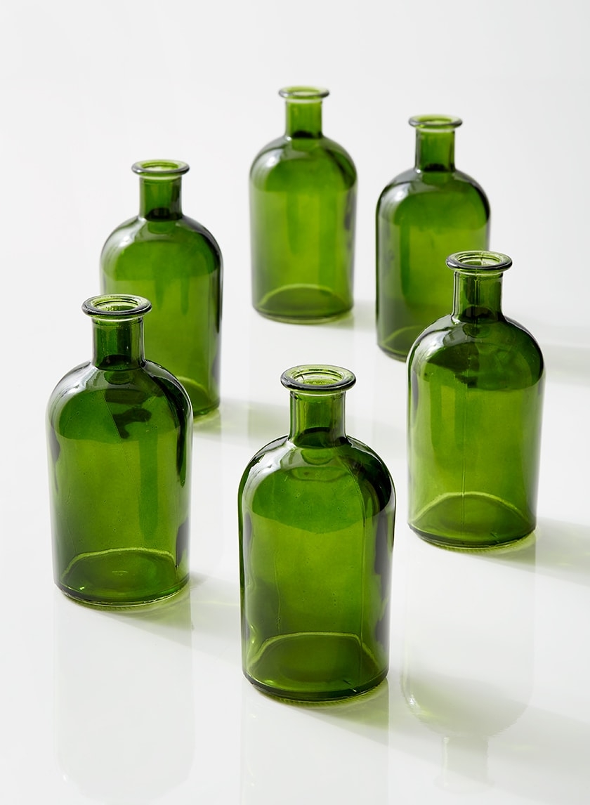 Dark Green Medicine Bottle Bud Vase, Set of 6