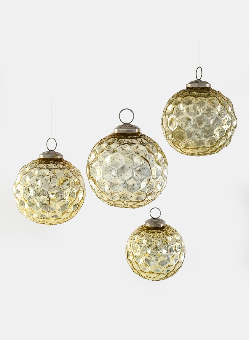 4in Gold Diamond Dimple Glass Ball Ornament, Set of 4