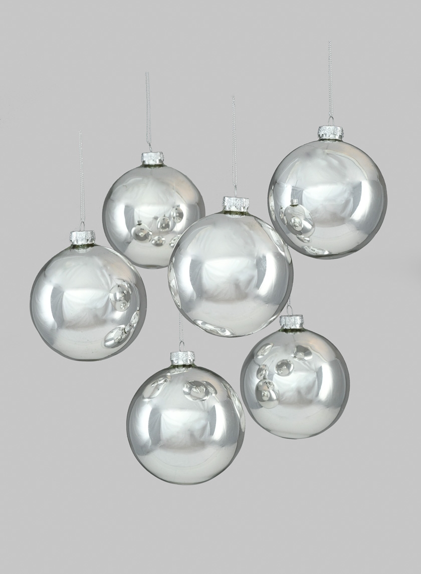 4in Shiny Silver Glass Ball Ornament, Set of 6