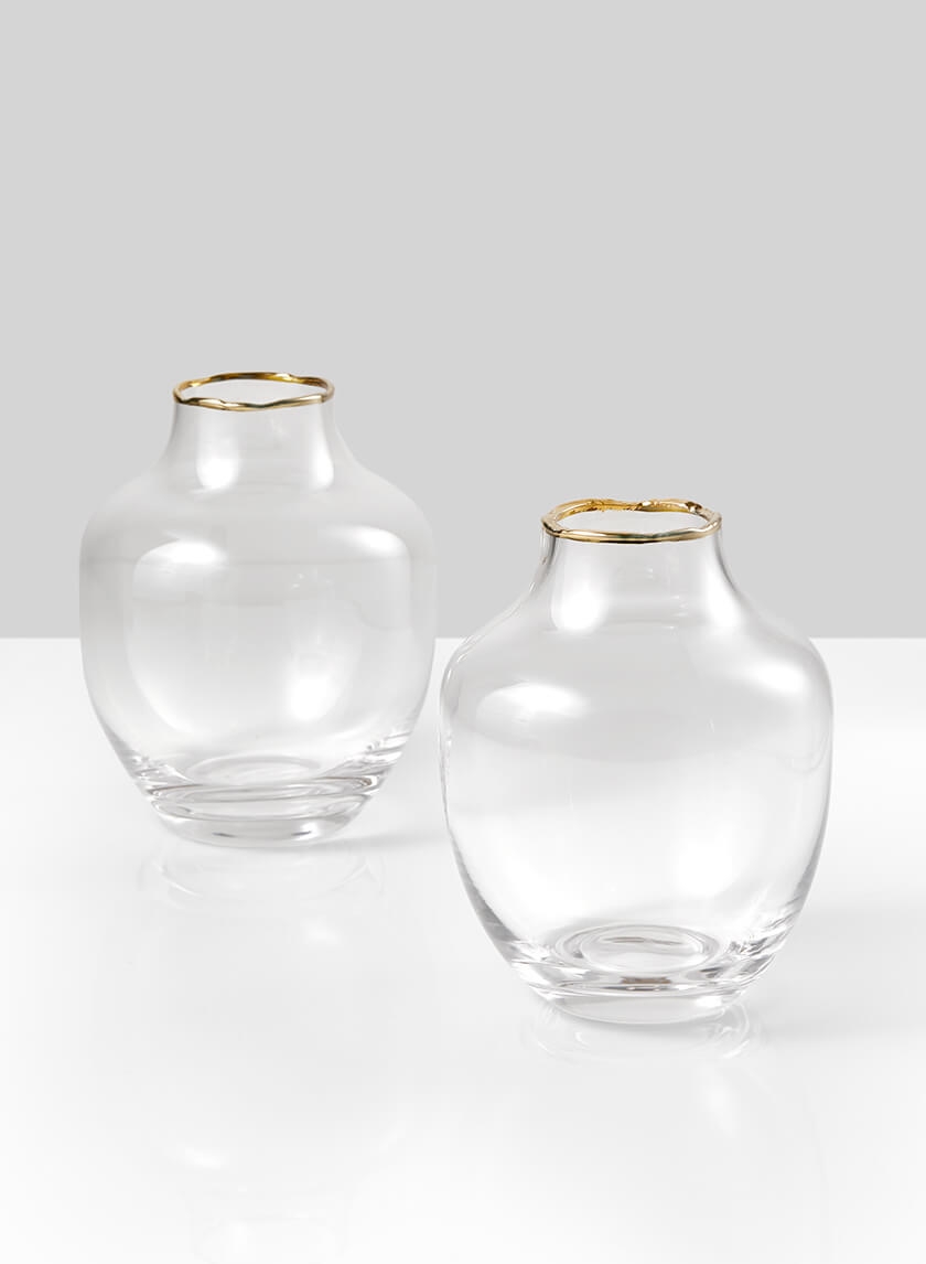 Small Mouth Gold Rim Belly Glass Vase, Set of 2