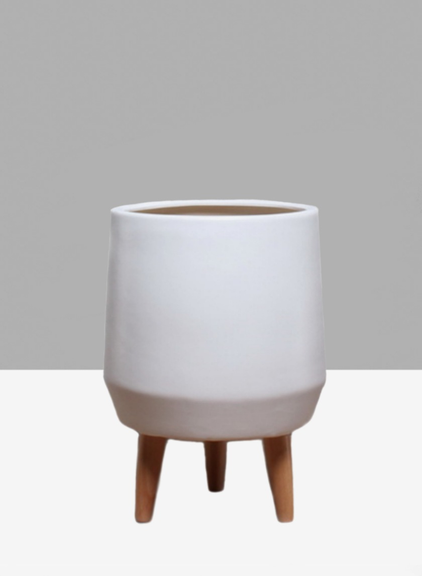 16 ½in Breakers Matte White Ceramic Planter With Wood Legs