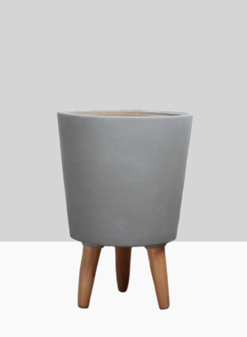 14 ½in Vaso Grey Ceramic Pot With Wood Legs