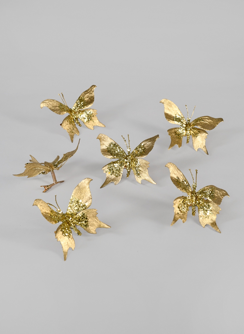 Gold Glitter Butterfly Ornament, Set of 6