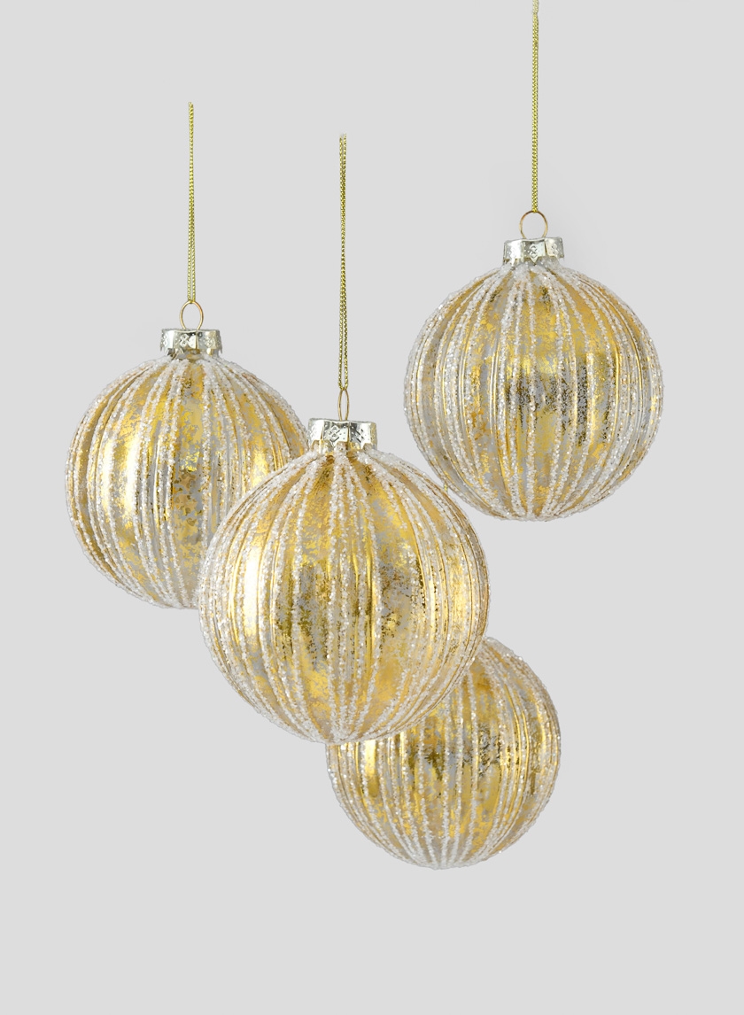 4in Gold Foil & Glitter Stripe Glass Ornament Ball, Set of 4