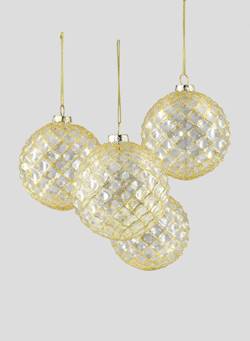 4in Gold Glitter Vine Glass Ball Ornament, Set of 4