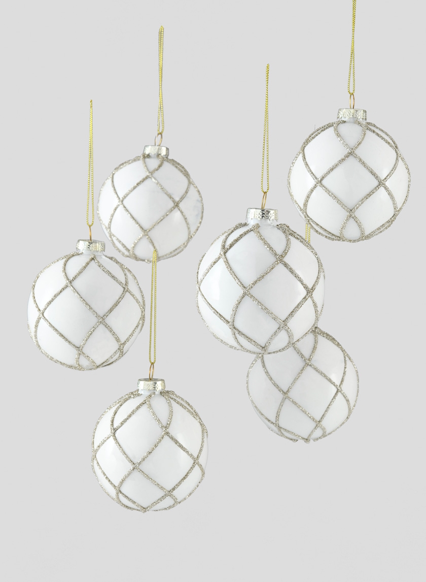 3in Glitter Swirl White Glass Ornament Ball, Set of 6