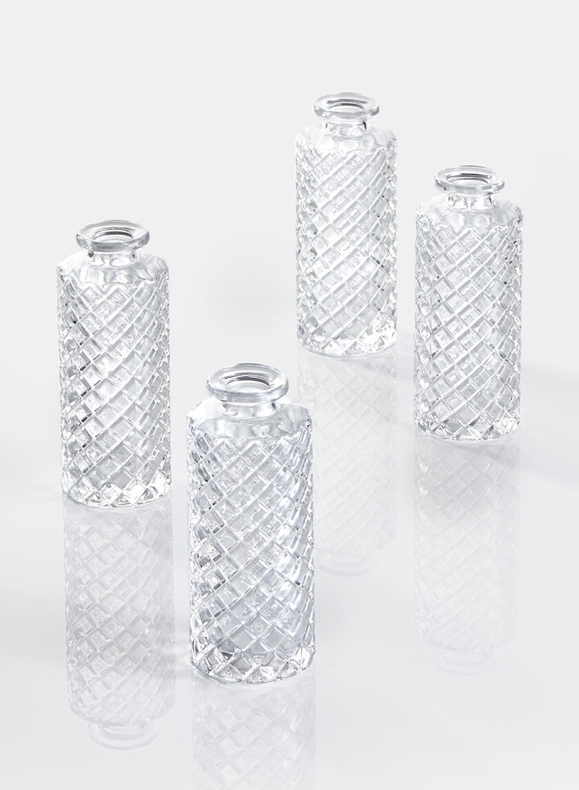 Diamond Cut Clear Glass Bottle Bud Vase, Set of 4