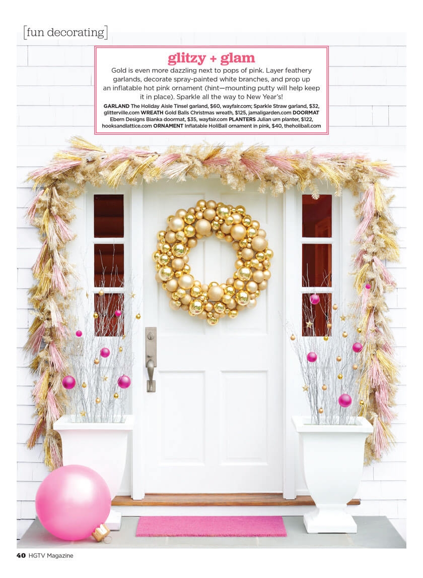 glitzy and glam pink and gold Christmas front door decor