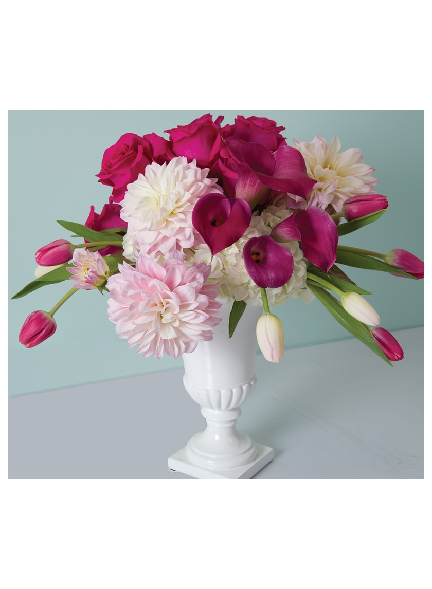 valentine's day arrangement with pink roses dahlias tulips