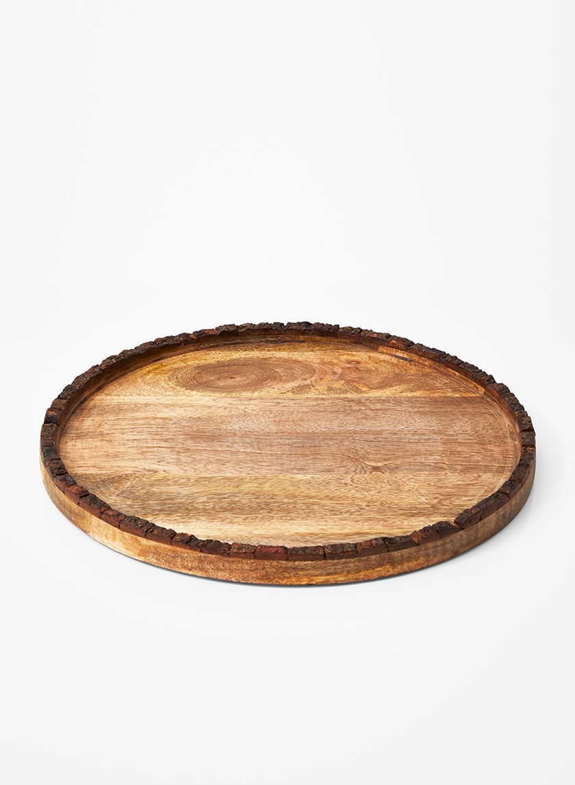13 ¼in Round Wood Tray With Bark Edge