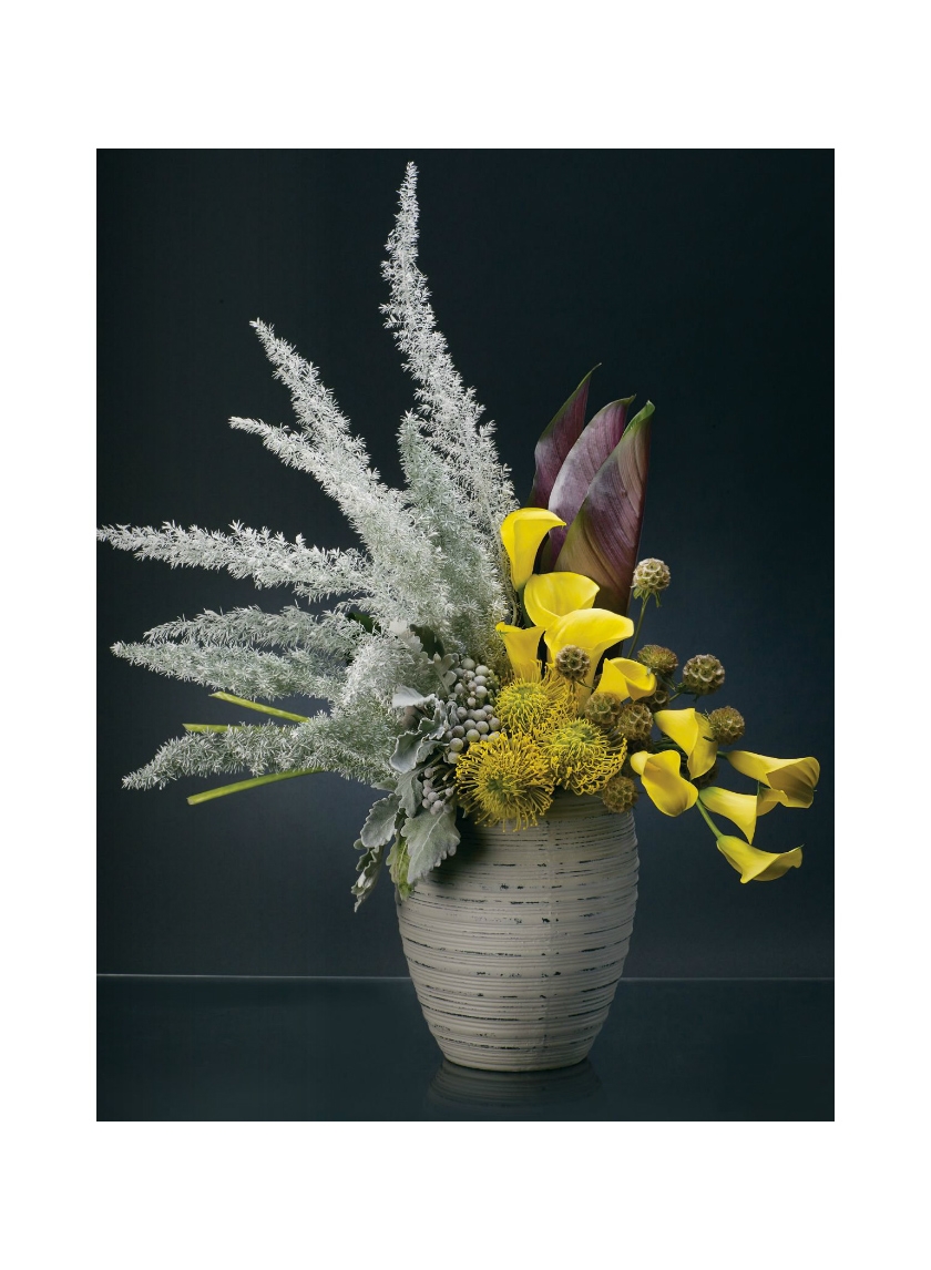 shades of gray dusty miller calla lily yellow protea arrangement