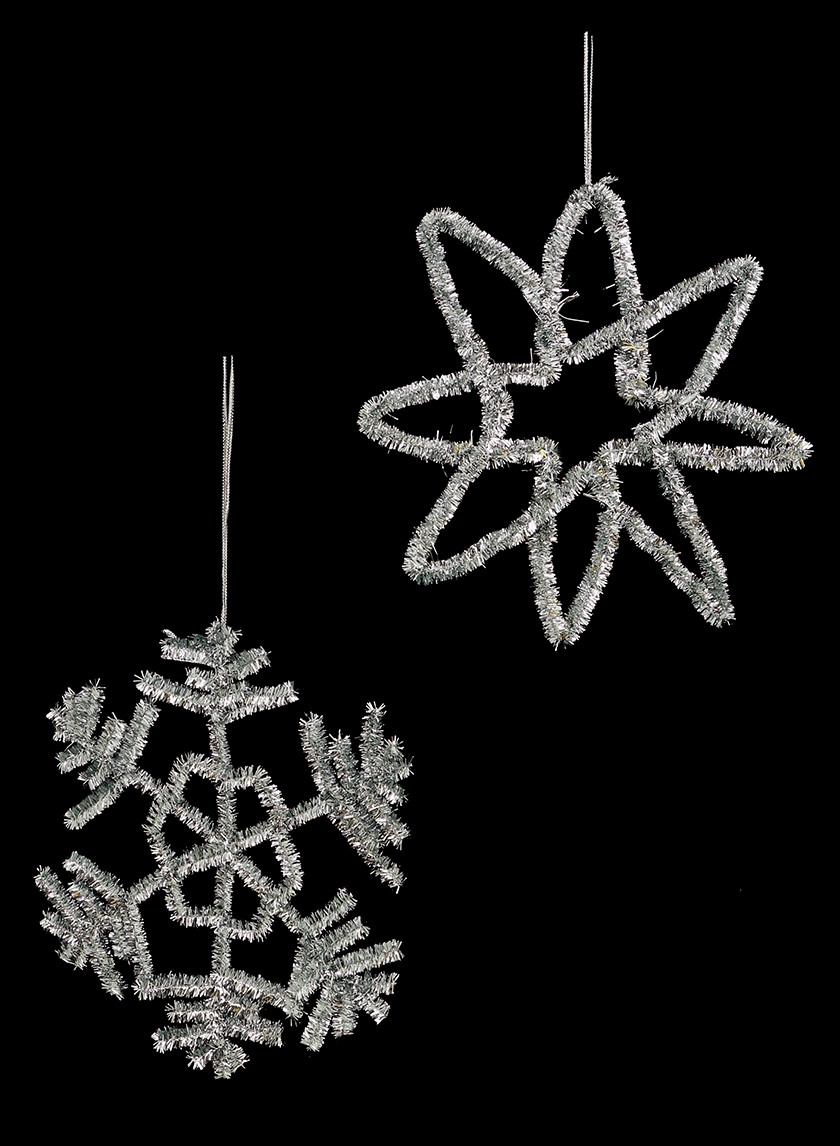 5 1/2in Silver Pipe Cleaner Snowflake & Star Ornaments