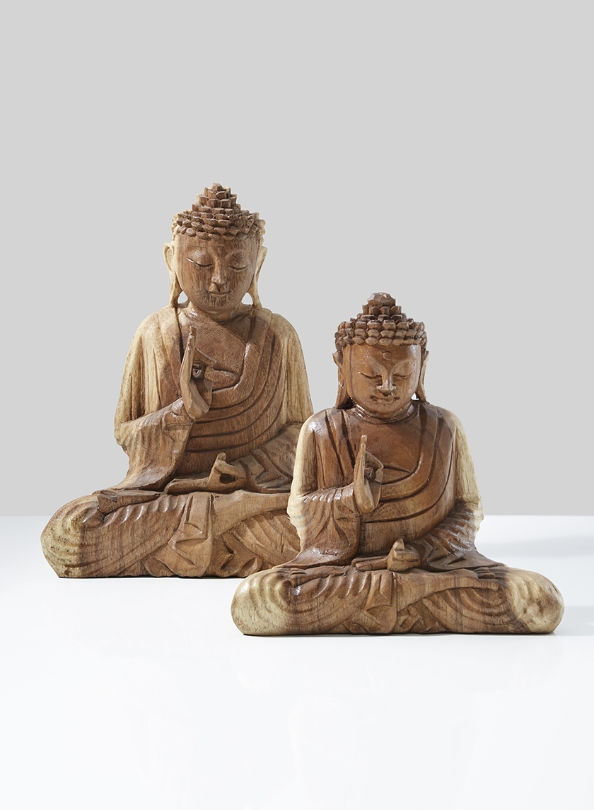 carved teak wood sitting buddha statue
