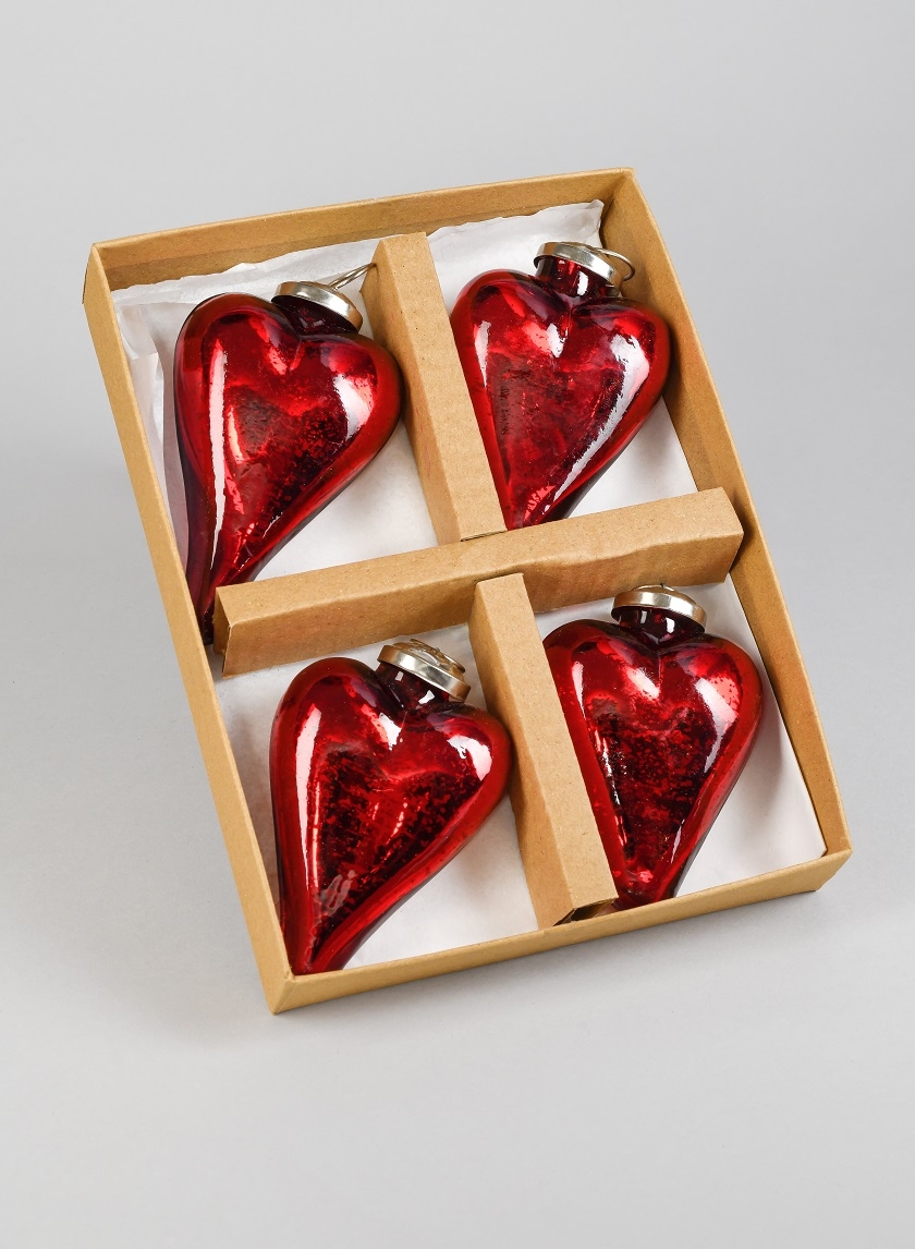 3in Antique Red Glass Heart In Window Box, Set of 4