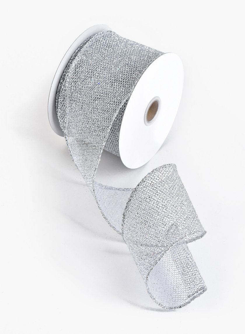 2 1/2in White & Silver Laser Glitter Grid Ribbon