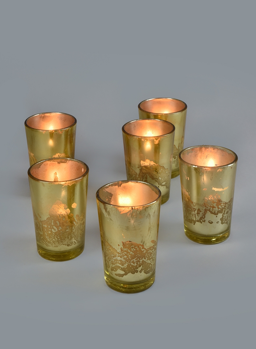 Prefilled Antique Gold Mercury Glass Votive, Set of 6