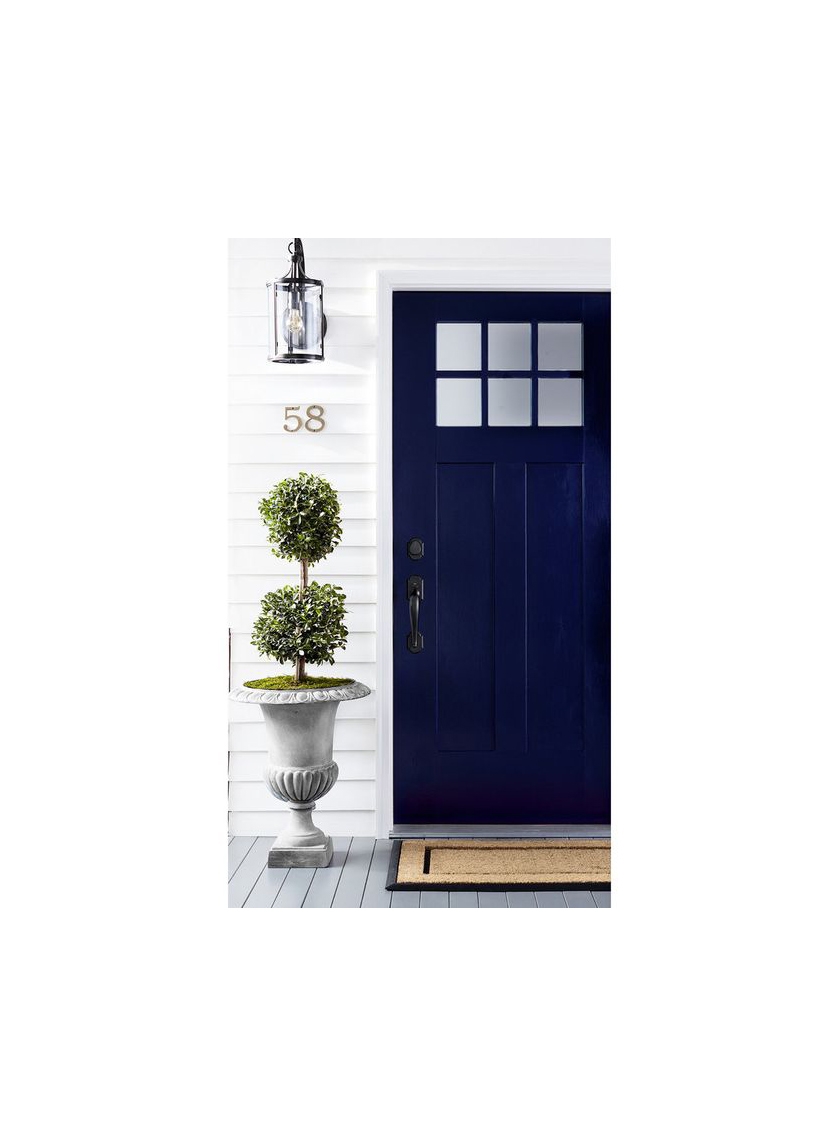 classic front door home makeover with grey urn and topiary balls