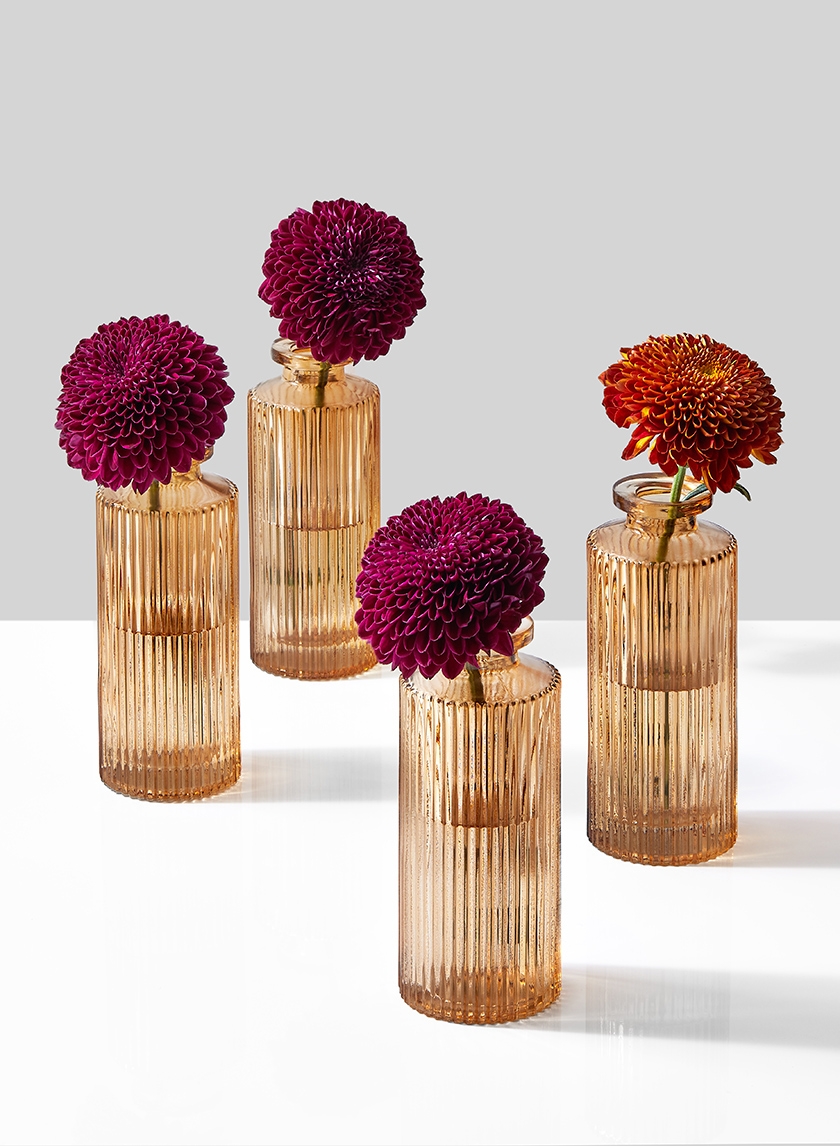 Amber Pleated Glass Bottle Bud Vase, Set of 4