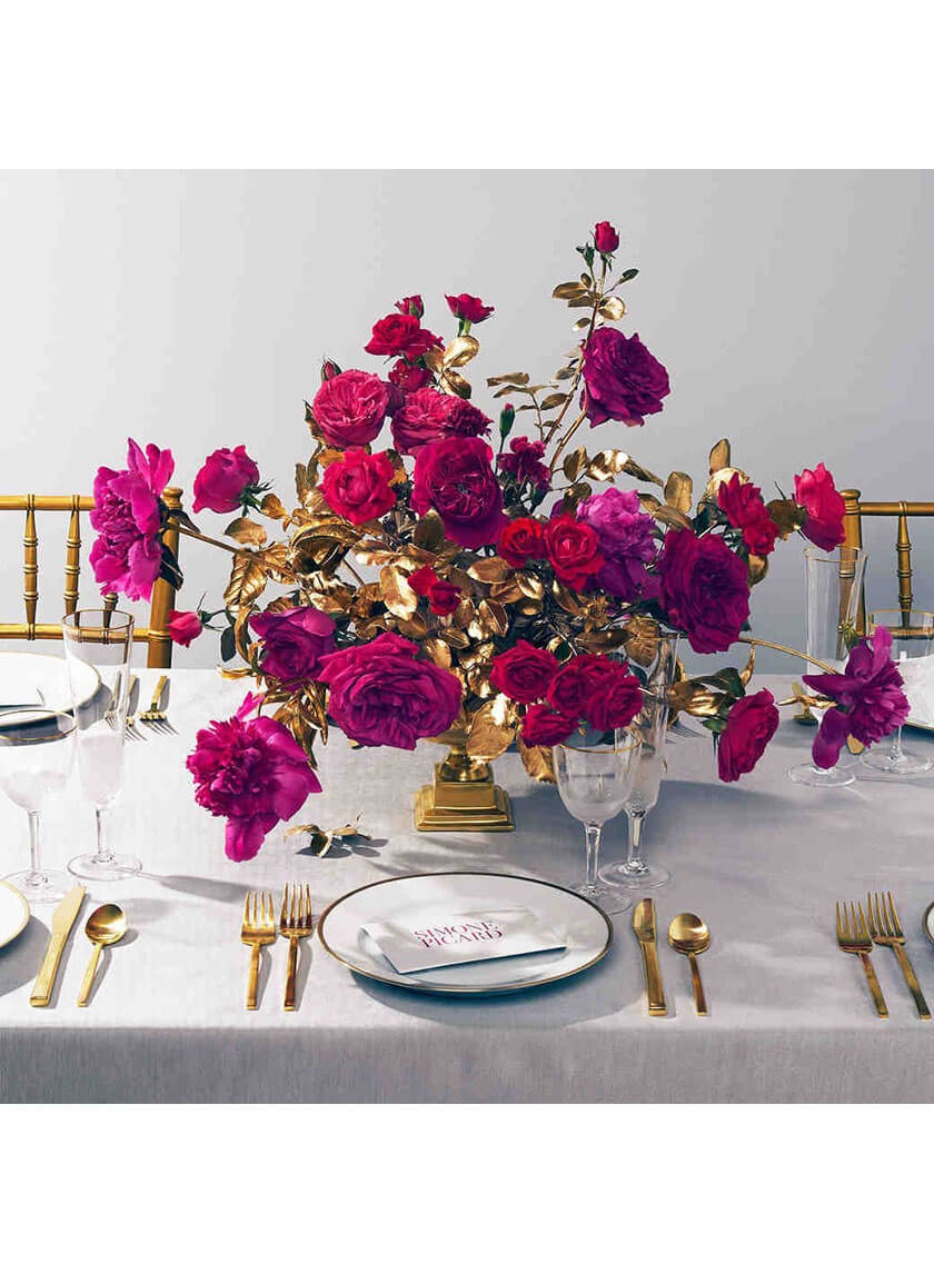 golden fusion magenta gold wedding colors gilded roses centerpiece