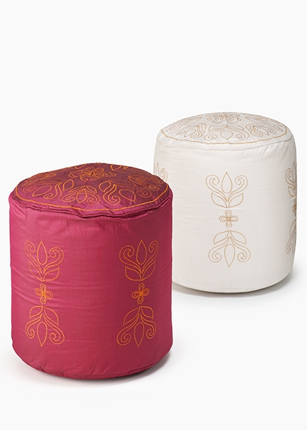 Embroidered White & Pink Poufs