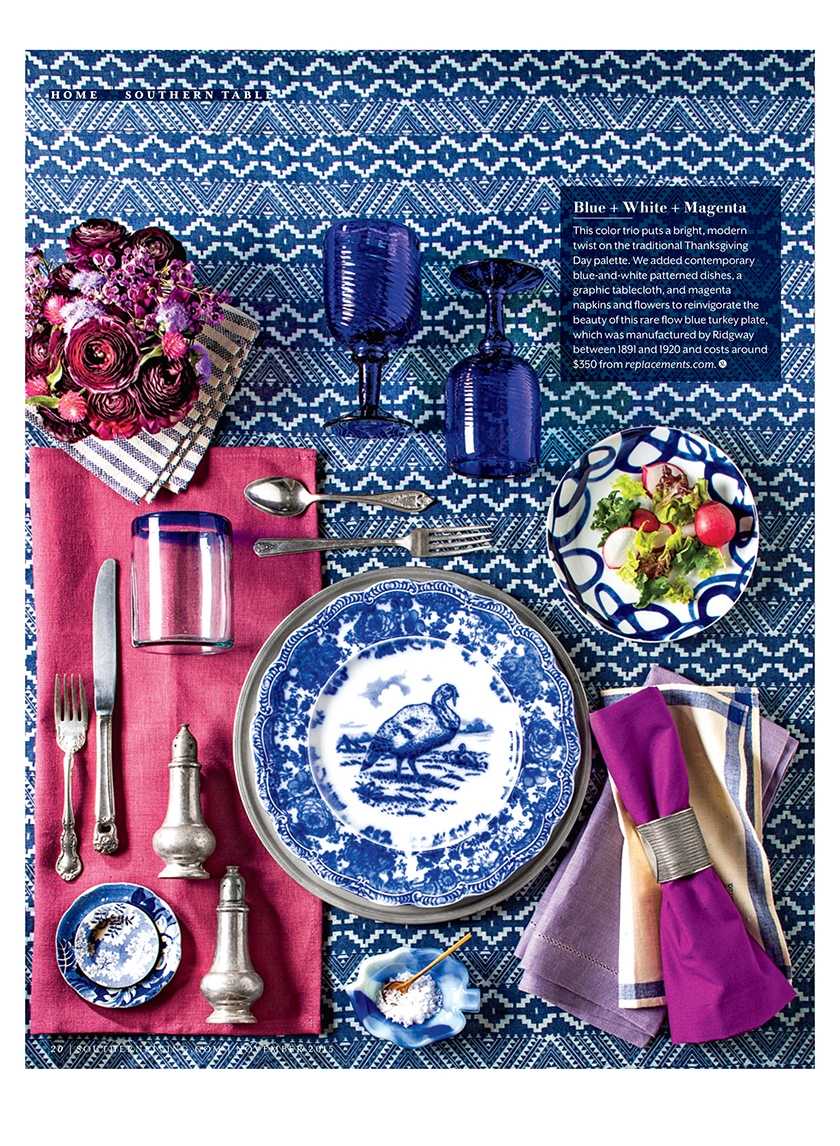 blue tansferware pink purple thankgiving dinner table