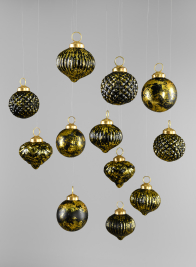 2.5in Black Gold Antique Ornaments, Set of 12