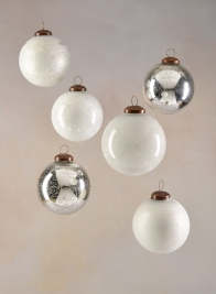 4in White & Silver Vintage Glass Ornaments, Set of 6
