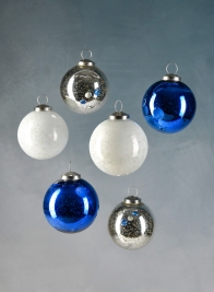 3in White Silver & Blue Ornament Balls with Silver Hook, Set of 6