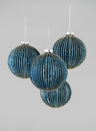 4in Blue Pleated Glass Ball With Gold Glitter, Set of 4