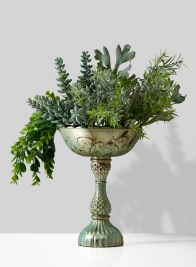 succulent centerpiece in patina flower compote bowl