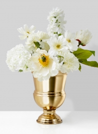 white wedding flower centerpiece in gold urn