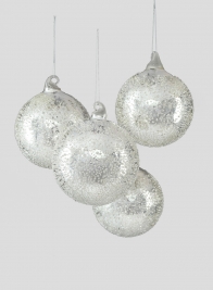 4in Sugared Silver Glass Ball Ornament, Set of 4
