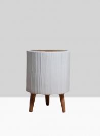 15 ¾in Ripple Matte White Ceramic Planter With Wood Legs