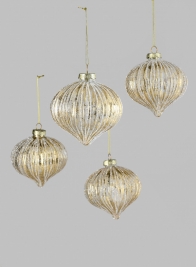 4in Gold Foil & Glitter Stripe Glass Ornament Onion, Set of 4