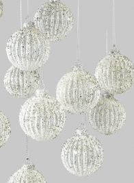 Silver Glitter Ribbed Glass Ornament, Set of 12