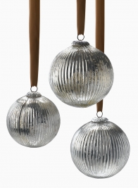 5in Antique Silver Ribbed Glass Ornament Ball, Set of 4	